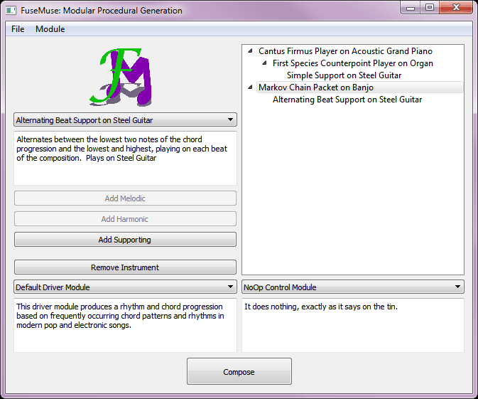 Screenshot of the FuseMuse application, showing the instrument tree