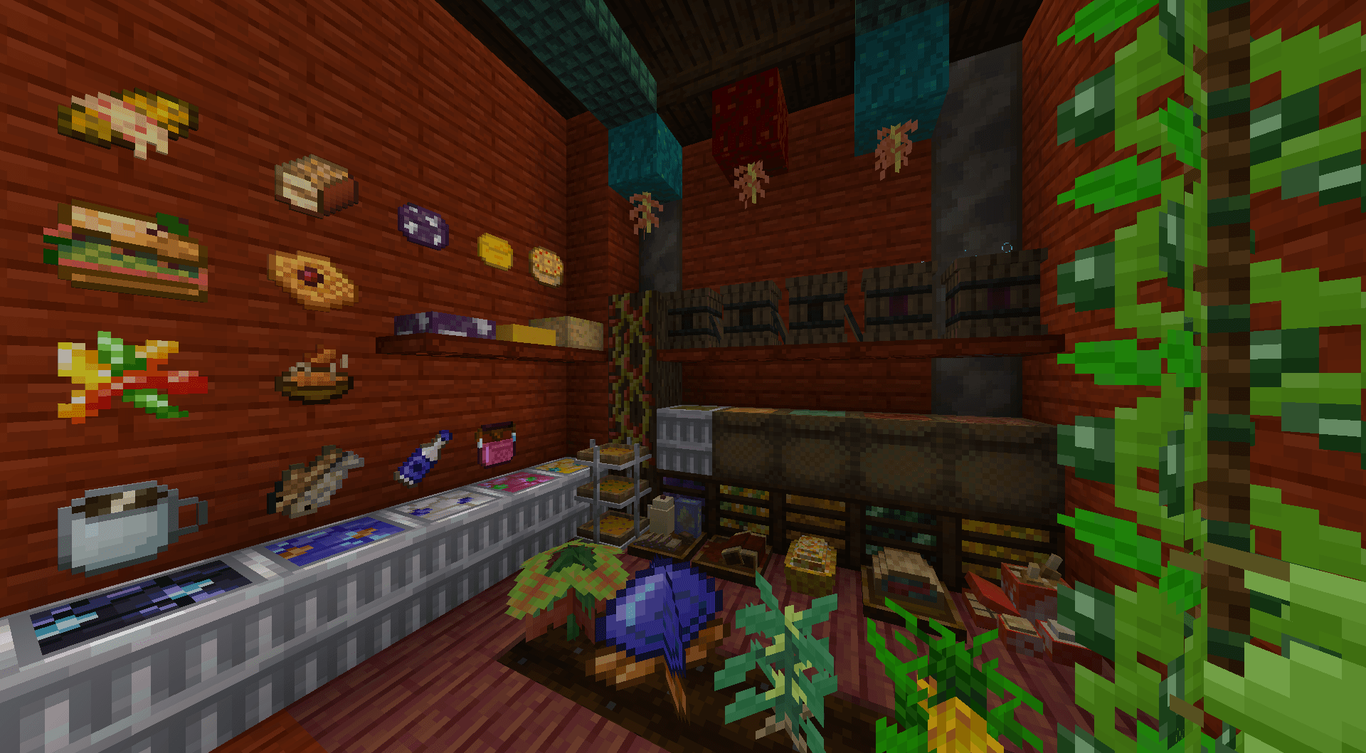 Screenshot showing several of the crops and foods, as well as the new brewing keg, in the Such A Delight mod.