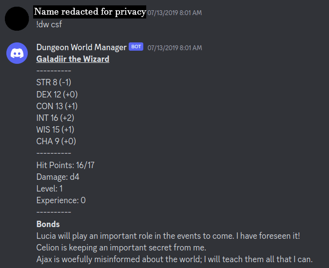Screenshot of the Dungeon World Helper in action, displaying a player's character information
