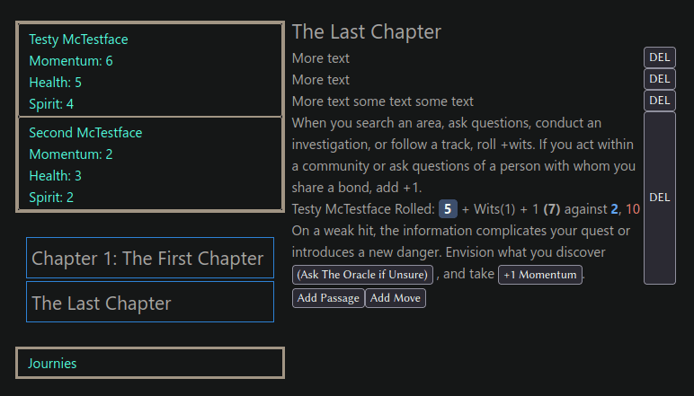Screenshot of the Iron Scroll chapter page, with a character summary on the side. Several text blocks and a rolled game move are shown. The move indicates success and has buttons to automate outcomes.